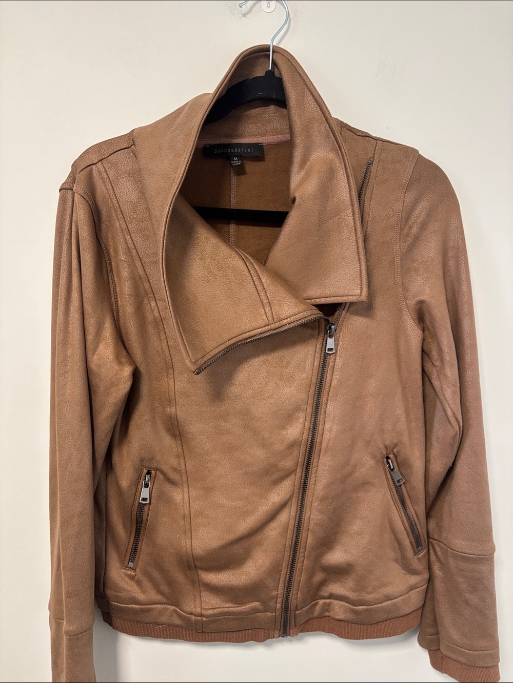 Dance & Marvel Tan Asymmetrical Zip Bomber Jacket-leather look sweatshirt - Picture 3 of 9